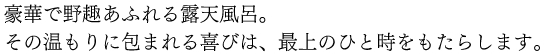 豪華で野趣あふれる露天風呂。その温もりに包まれる喜びは、最上のひと時をもたらします。